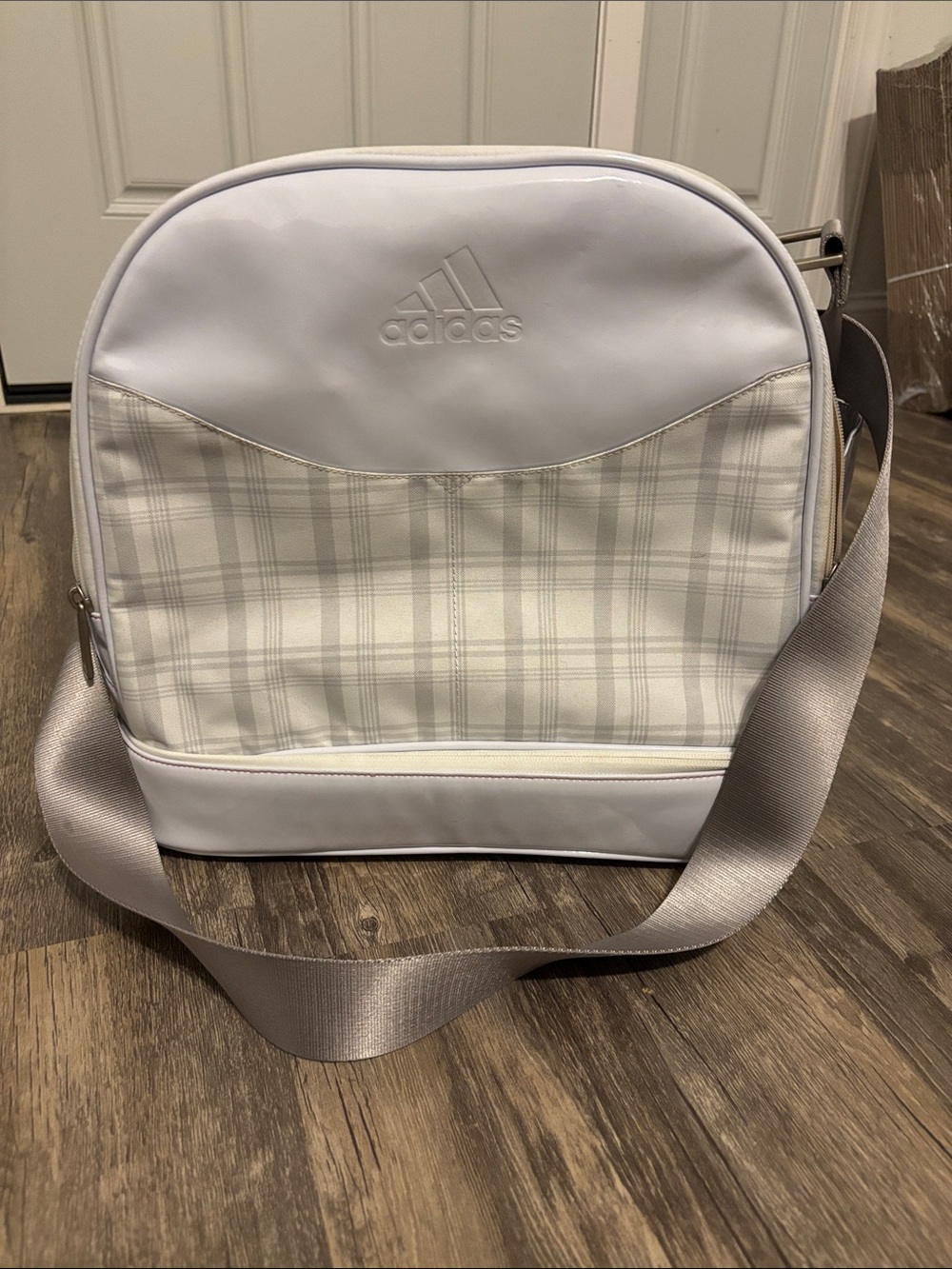 adidas White and Light Gray Plaid Messenger Bag / golf bag unisex